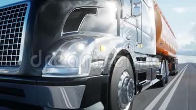 加油机，油车，高速公路上的卡车。 开得很快。 现实的4k动画。 石油概念。